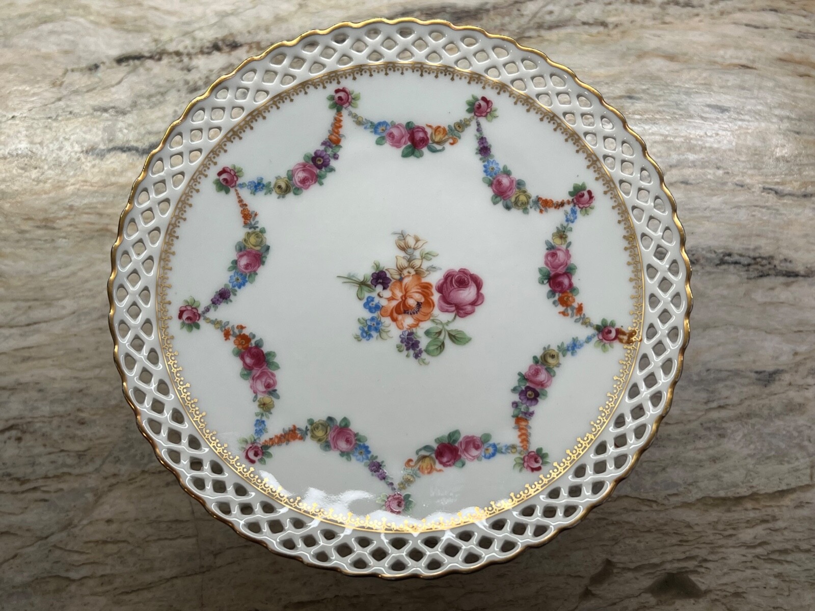 Schumann Porcelain Pierced Pedestal Footed Plate Compote Floral Bavaria Dresden