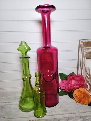 3 Glass Bottles Decorative Pinkish Red Green A Few Scratches