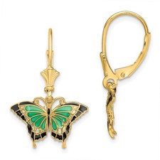 14k Yellow Gold Butterfly w/ Green Enameled Wings Leverback Earrings 1.74g