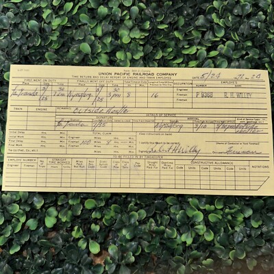 Union Pacific Railroad Company 1972 Time return & Delay Report Of Employee & Tra