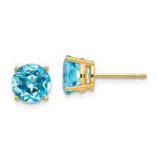Real 14kt Yellow Gold 7mm Blue Topaz Earrings