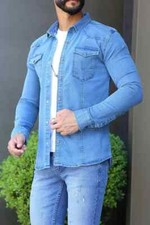 Mens Slim Fit Denim Cotton Shirts Long Sleeve Chest Pocket Snap Button Down Tops