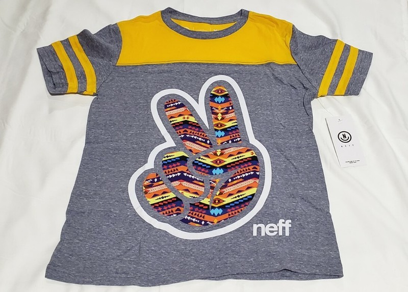 Neff Boys XLarge Tshirt Gray & Yellow Youth Peace Sign Graphic Tee 17"x22" 