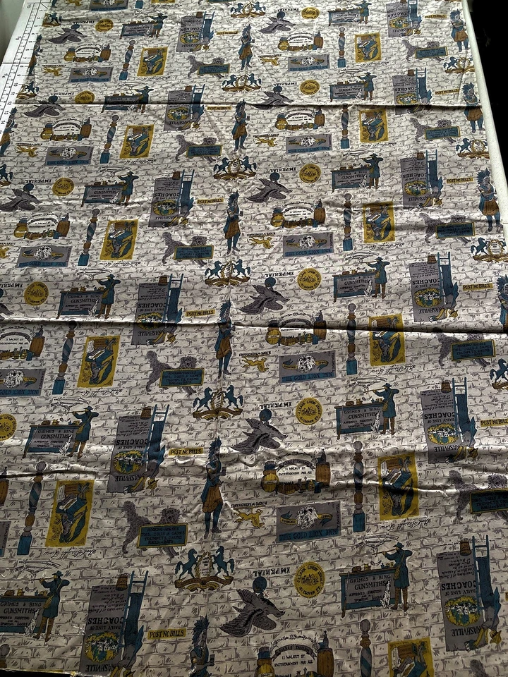 Vintage Advertising Logos Cotton Fabric Print Mustard, Pewter, Navy Gray 2Yards - Image 3 of 4