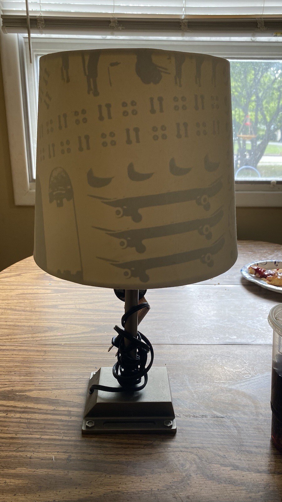 Arcadia Skateboard Lamp With Shade Illuminated shows skatebo