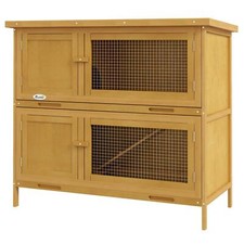 PawHut Double Decker Rabbit Hutch Bunny Cage Pet House Outdoor W/ Tray, Yellow