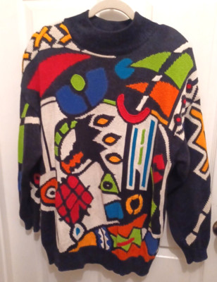 Sweater Vtg IB Diffusion 1X  Retro Artsy Geometric Colorful & Black Funky Shapes
