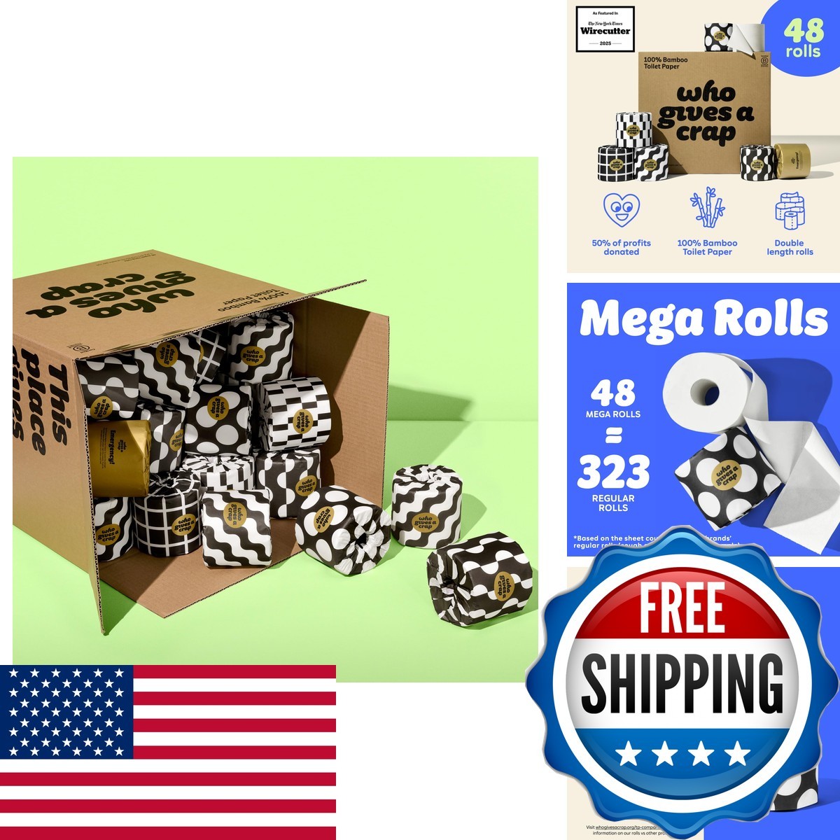 Who Gives Crap 100% Bamboo Toilet Paper, 48 Rolls, 3 Ply, 370 Sheets, Long