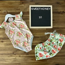 NWT SweetHoney Skirted Leotard Coral Pink Green Floral Sleeveless Gymnastics 10