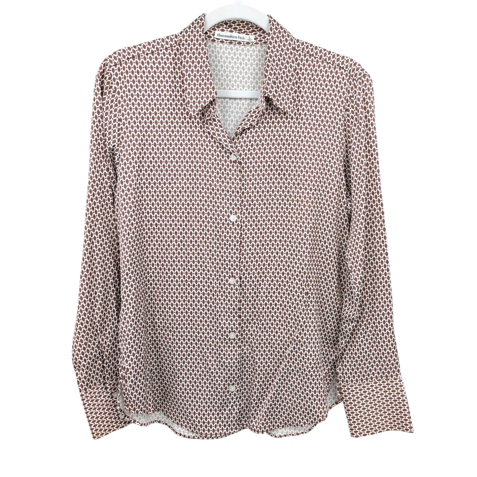 Blusa Top Abercrombie & Fitch Marrón Blanco Estampado Manga Larga Con Botones Carrera Foto 2 de 4