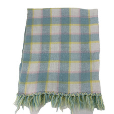 Vintage Baby Blanket Acrylic Pastel Plaid Thick Fringe 41 x34 Blue Pink Yellow