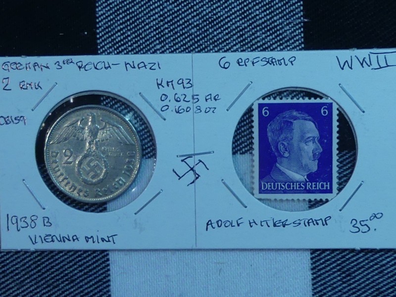 CB159: GERMAN 3rd Reich,Nazi, Silver Large Swastika 2 RMark, 6 PF ,Hitler Stamp