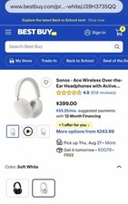 Sonos Ace Wireless Over Ear Headphones with Noise Cancellation Soft White New  