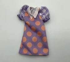 BARBIE DRESS LIGHT PURPLE WHITE GINGHAM SLEEVES ORANGE POLKADOTS DOLL CLOTH CB2 