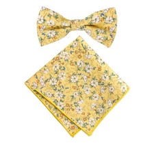 Men's Cotton Floral Print Bow Tie and Pocket Square Set One Size 61-yellow