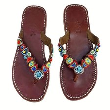 Handmade Leather Beaded Sandals Womens Size 4...
