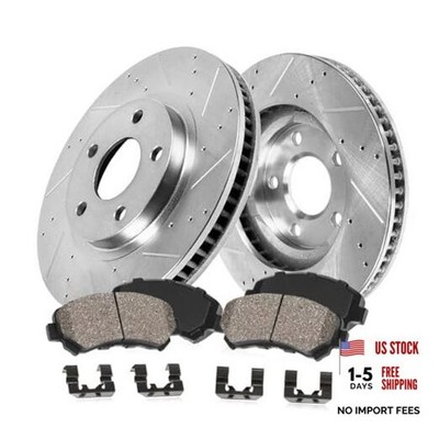 Front Drilled Slotted Brake Disc Rotors and Ceramic Brake Pads + Hardware