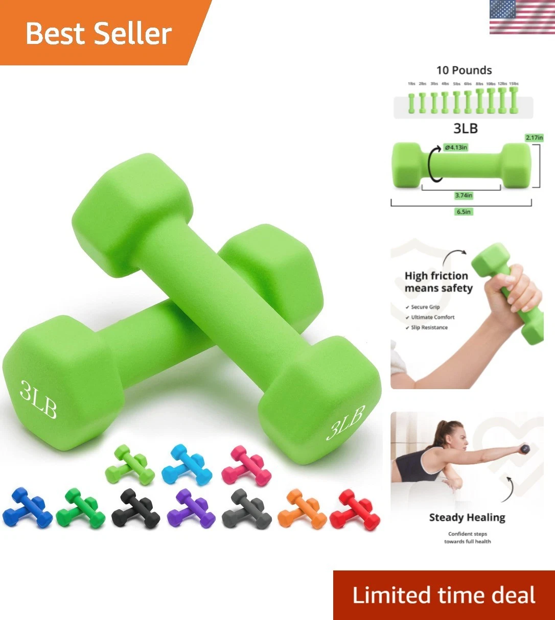 Hex Shape Neoprene Dumbbells Set for Strength Training, Anti-Slip, 1-15 LB