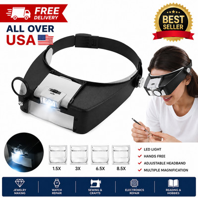 LED Headband Magnifier Visor Loupe Glasses for Jewelry Watch Repair Crafts