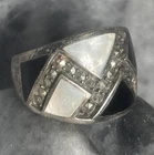 Vintage Sterling Silver, MOP, Onyx, And Marcasite Inlay Ring Size 6.75
