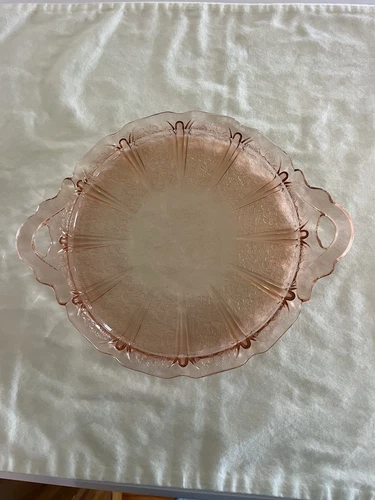 Vintage Jeanette Cake Serving Plate Cherry Blossom Pink Depression Glass Handles