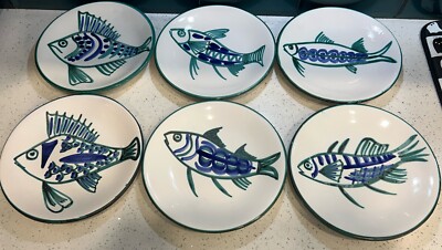 Set Of 6 Hand Painted Signed R.P FRANCE BLOOMING-DALES Fish Plates From France