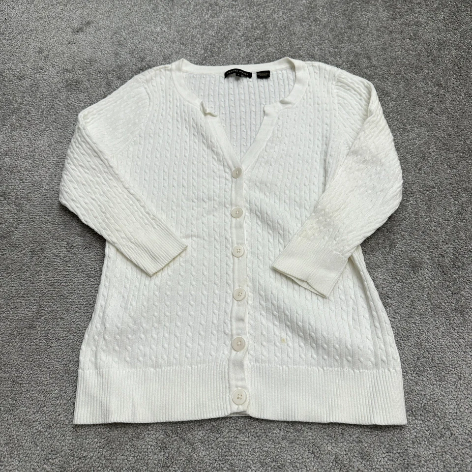 Jeanne Pierre Cárdigan Suéter Mujer Pequeño Blanco Abotonado Cable Tejido Algodón Foto 2 de 4