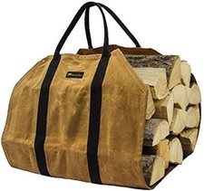 Sturdy Waxed Canvas Firewood Log Carrier, Durable Firepalce Wood Bag with Brown