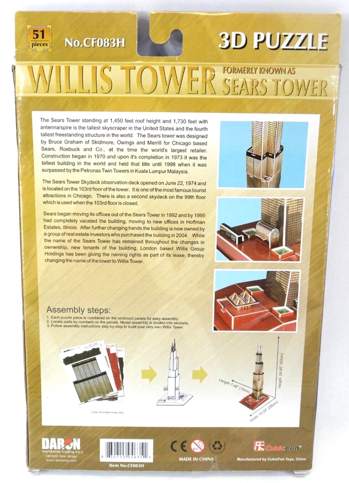 3D PUZZLE Willis Tower / Sears Tower 51 Pieces by DARON CF083H NEW IN BOX - Image 2 of 3