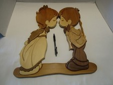 Vintage Wood Handcrafted Intarsia Wall Art Boy  girl Friends Signed 18.75" Tall