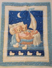 Baby Crib Quilt Flannel Backing Teddy Bear Moon Duck Excellent Cond 42.5" x 33"