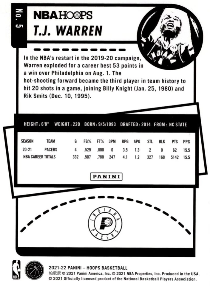 2021-22 Hoops Red Backs T.J. Warren Indiana Pacers #5 - Image 2 of 2