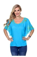 Women's Top Blouse Turquoise Krista Lee Papyrus Embroidery Butterfly Sleeves XL