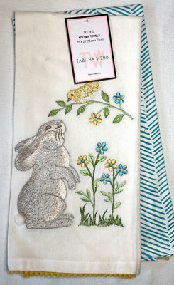 TABITHA WEBB  KITCHEN DISH TOWELS (2) BUNNY BIRD TURQUOISE 20 X 28 COTTON NWT