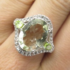 925 Sterling Silver Real Green Amethyst White Topaz  Peridot Ring Size 7.25