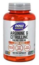 Now Foods Arginine & Citrulline 500/250 120 Capsules Maintain Muscle 01/2027Exp
