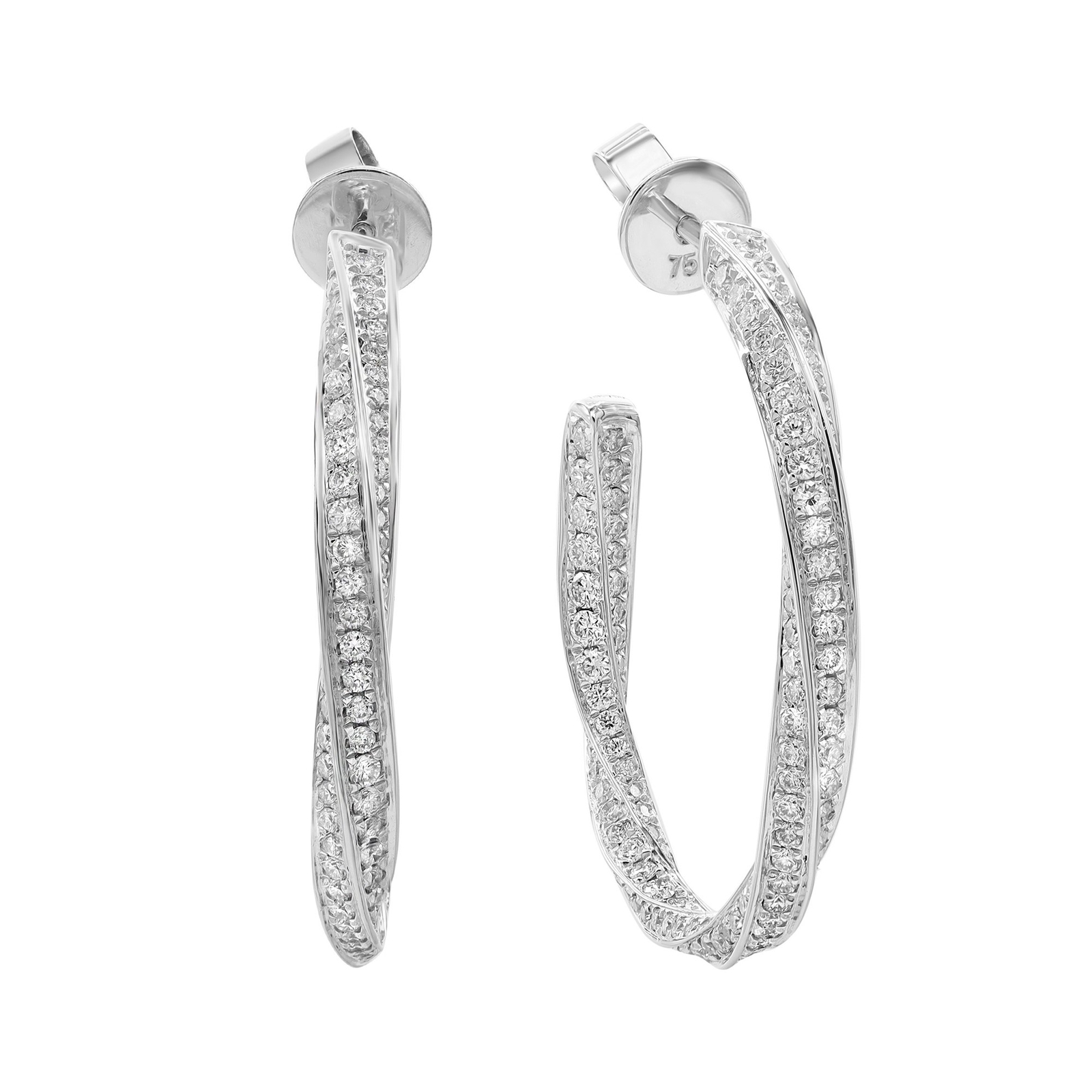 2.02Cttw Pave Set Round Cut Diamond Hoop Earrings 18K White Gold