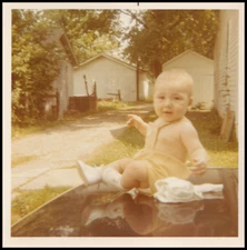 Old Color Photo BABY SITTING ON HOOD OF CAR OUTSIDE GREENERY