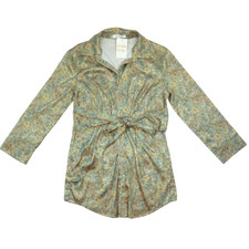 Moodie Dress Womens Medium NWT Sage Green Gold Print Tie Waist Shirt Dress