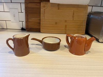 Guernsey Cooking Ware, Antique Brown and White, Pan Creamer and Tea Pot 