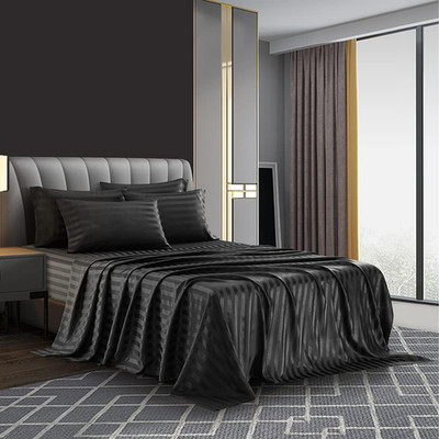 6-Piece Satin Italian Style Bed Sheet Set Queen Deep Pocket Stripes Black