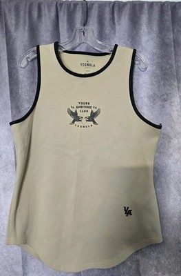 YoungLA Tank Top Men SZ M Beige Ambitious Club Progess 311 Curve Hem Muscle Gym