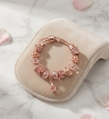Damen Mädchen Accessoires Regal Rosegold Krone & Kristall Bettelarmband Neu