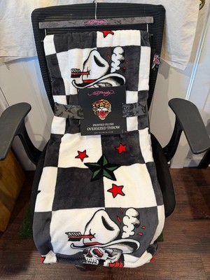 Ed Hardy Throw Blanket Cowboy Skull Skeleton * Black White Red Green 60'' x 70''