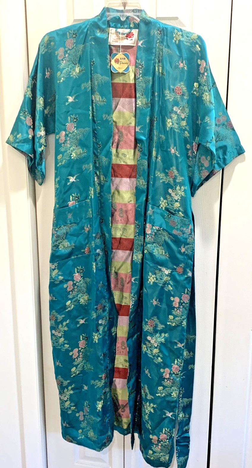 NWT Vintage Peony Teal Long Belted Chinese Brocade Robe Size S Shanghai China