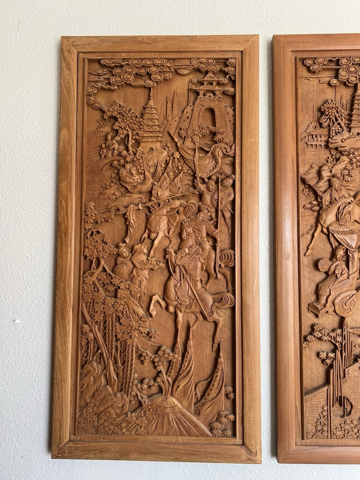 Set Of 4 Vintage Chinese Hand-Carved Wood Wall Panels
