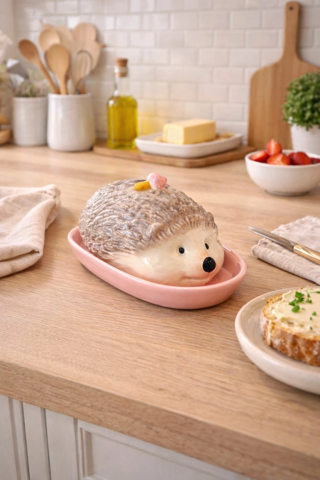 New Ceramic Funny Girl Hedgehog W/ Pink Mushroom Kitchen Butter Dish