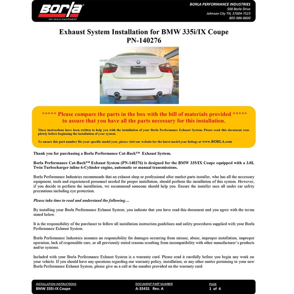 Escape trasero Borla 140276 tipo S Cat para BMW E90 E92 335i 335xi 2007-2010 3,0 L Foto 4 de 4