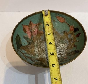 Blue Pink Gold Floral Metal Decorative Pedestal Bowl, Round Metallic Finish