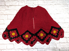Vintage 60's 70's Granny Square Crochet Cape Poncho Red Yellow Zipper Acrylic